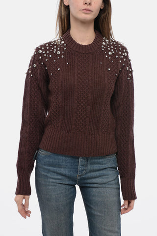 Crew Neck Aran Virgin Wool Sweater with Crystals