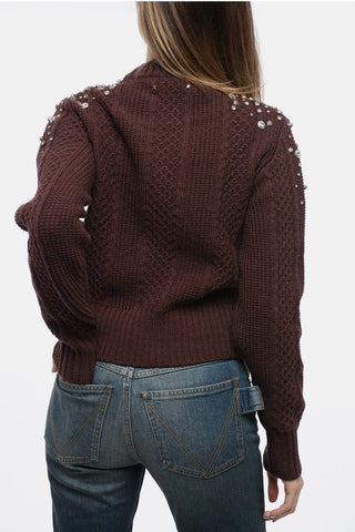 Crew Neck Aran Virgin Wool Sweater with Crystals