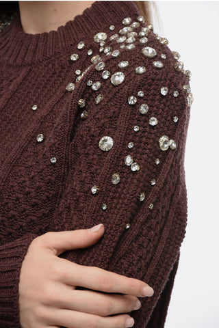 Crew Neck Aran Virgin Wool Sweater with Crystals