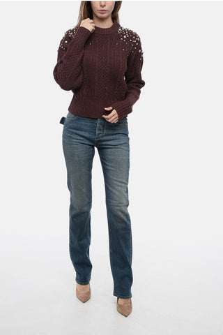 Crew Neck Aran Virgin Wool Sweater with Crystals