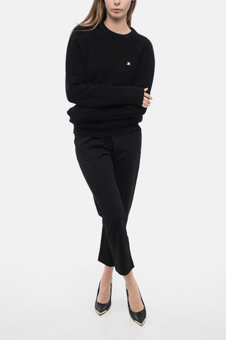 Crew Neck Pure Wool Sweater with Embroidered Logo