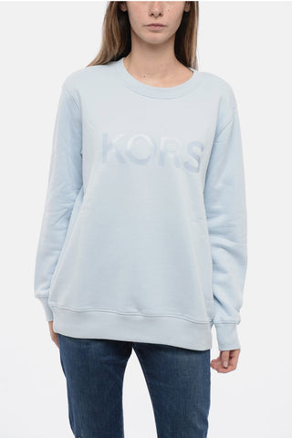 Crew Neck Fleeced Cotton Blend Sweatshirt with Printed Logo