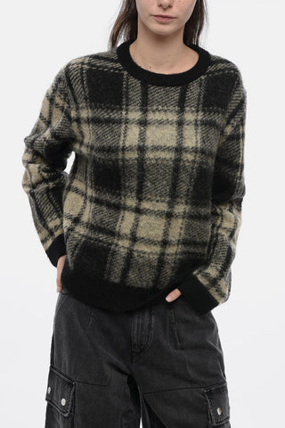 Crew Neck Wool Blend Sweater with Tartan Pattern