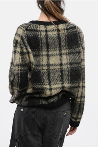 Crew Neck Wool Blend Sweater with Tartan Pattern