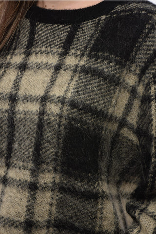 Crew Neck Wool Blend Sweater with Tartan Pattern