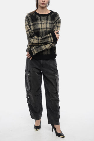 Crew Neck Wool Blend Sweater with Tartan Pattern