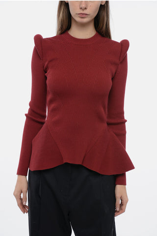 Crew Neck Sweater with Padded Shoulders and Peplum Hem