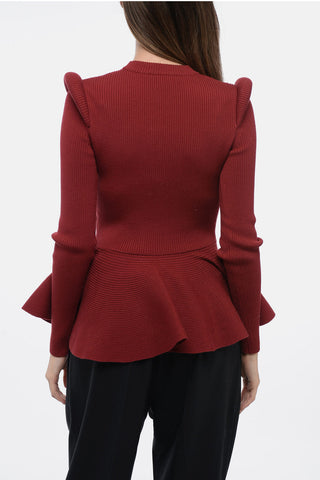 Crew Neck Sweater with Padded Shoulders and Peplum Hem