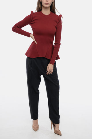 Crew Neck Sweater with Padded Shoulders and Peplum Hem