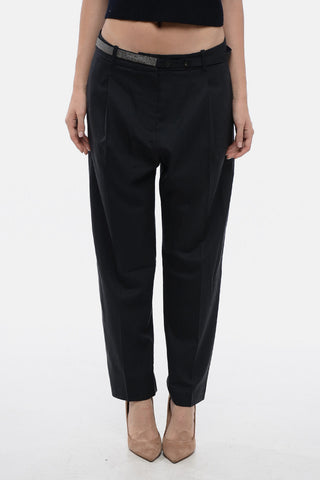 Single-pleated Virgin Wool Pants with Jeweled Belt