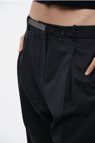 Single-pleated Virgin Wool Pants with Jeweled Belt