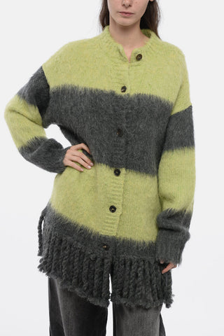 Striped Motif Cardigan with Fringed Hem