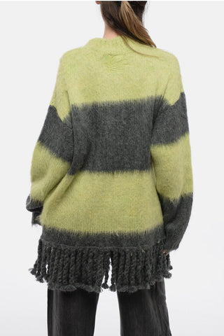Striped Motif Cardigan with Fringed Hem