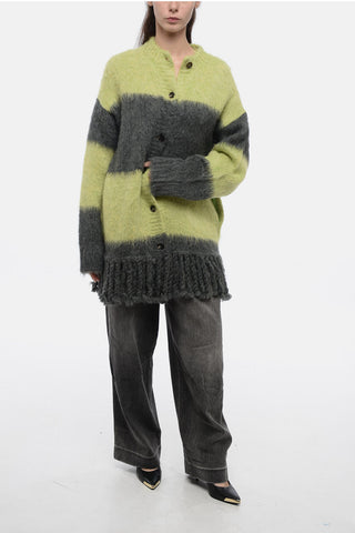 Striped Motif Cardigan with Fringed Hem