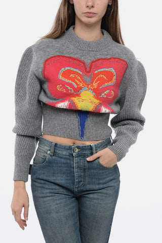 Crew Neck Cropped Fit Sweater with Jacquard Pattern