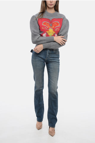 Crew Neck Cropped Fit Sweater with Jacquard Pattern