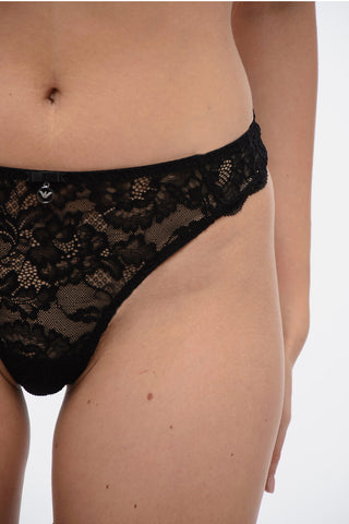 EMPORIO Solid Color Lace Brazilian Briefs with Logo Charm