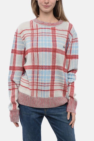 Crew Neck Cotton Blend Sweater with Plaid Check Motif