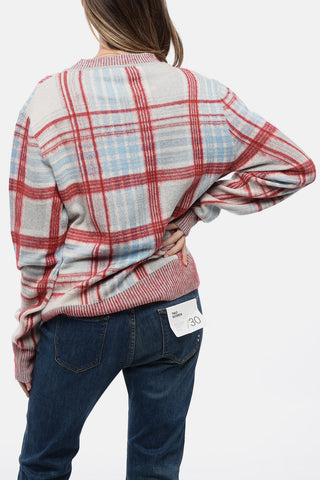 Crew Neck Cotton Blend Sweater with Plaid Check Motif
