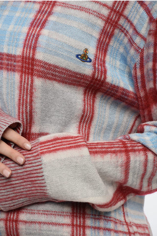 Crew Neck Cotton Blend Sweater with Plaid Check Motif