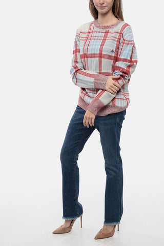 Crew Neck Cotton Blend Sweater with Plaid Check Motif