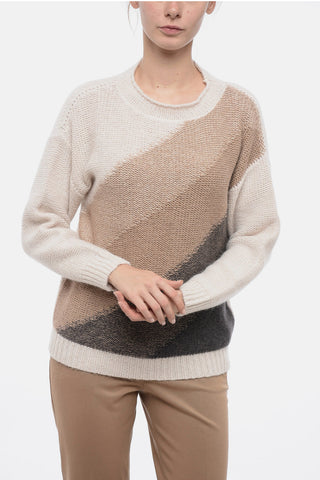 Crew Neck Wool Blend Sweater with Oblique Striped Motif