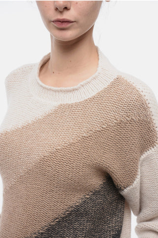 Crew Neck Wool Blend Sweater with Oblique Striped Motif