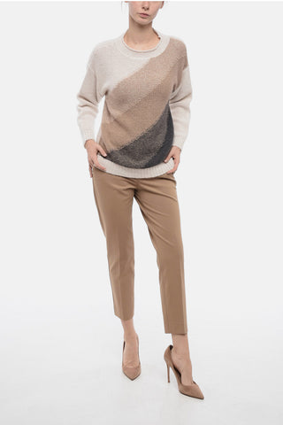 Crew Neck Wool Blend Sweater with Oblique Striped Motif