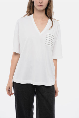 T-Shirt in Cotone con Collo a V e Taschino Gioiello
