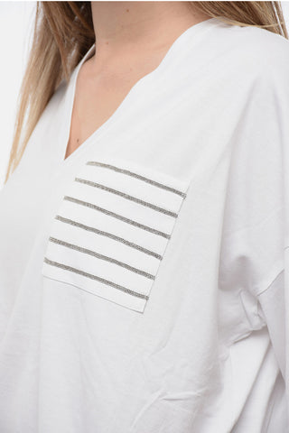 T-Shirt in Cotone con Collo a V e Taschino Gioiello