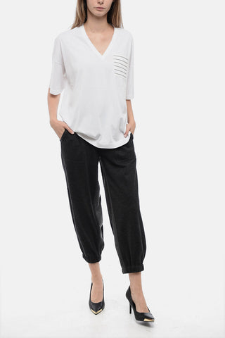 T-Shirt in Cotone con Collo a V e Taschino Gioiello