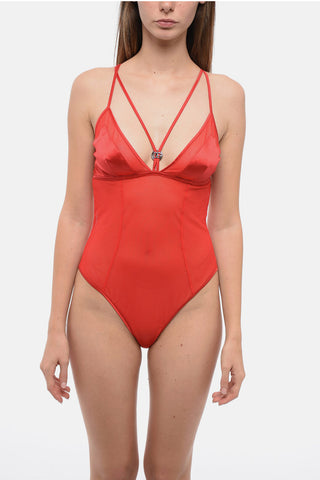 Stretch Fabric See-Through Bodysuit with Satin Triangle Cups