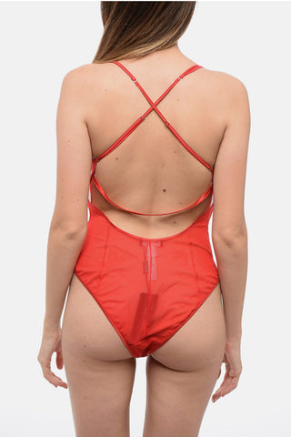Stretch Fabric See-Through Bodysuit with Satin Triangle Cups