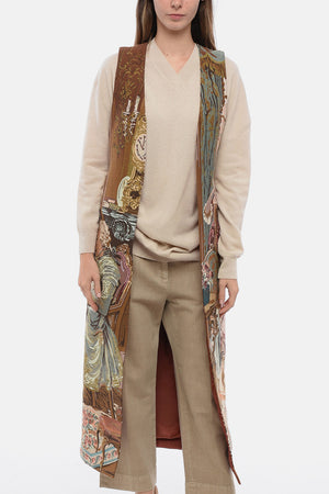 COUTURE Long Cotton Gilet with Tapestry-Style Motif
