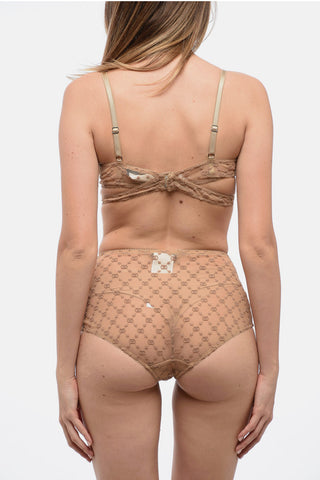 Triangle Bra and High-Waisted Briefs Set in Tulle with All-Over Logo
