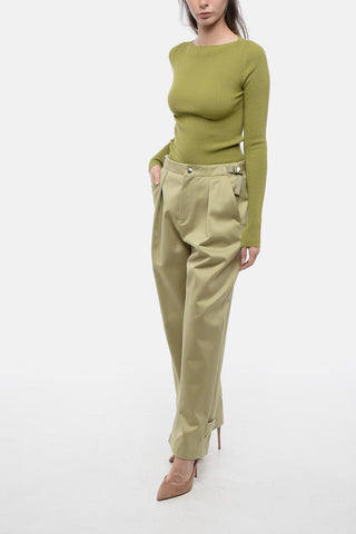 Pleated Baloon-Fit Pants with Half-Belt