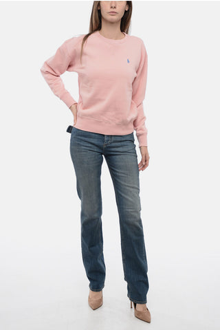 Crew Neck Fleeced Cotton Sweatshirt with Embroidered Logo