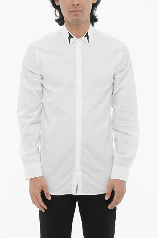 Solid Color Slim Fit Shirt with Contrasting Thunderbolt Embroidery
