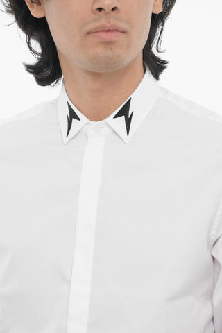 Solid Color Slim Fit Shirt with Contrasting Thunderbolt Embroidery