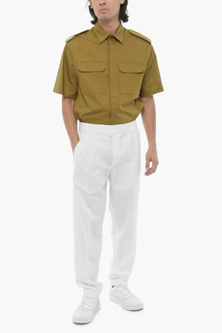 Slim-Fit Double-Pleat Pants With Elastic Waist