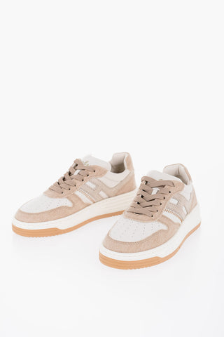 Two-Tone Leather and Fabric Low Top Sneakers