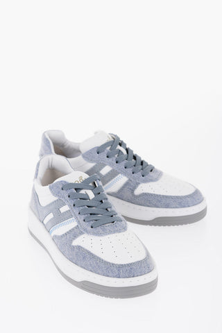 Sneakers Basse in Pelle e Denim con Suola in Gomma