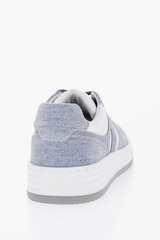 Sneakers Basse in Pelle e Denim con Suola in Gomma