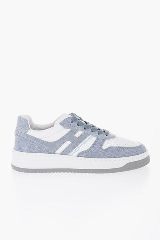 Sneakers Basse in Pelle e Denim con Suola in Gomma