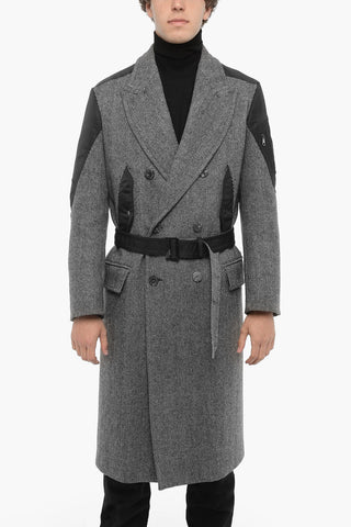 Herringbone Motif Virgin Wool Double Breast Coat With Belt