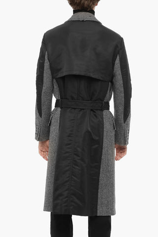 Maxi Cappotto doppiopetto a Motivo Herringbone in Lana Vergine con Cintura