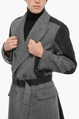 Herringbone Motif Virgin Wool Double Breast Coat With Belt