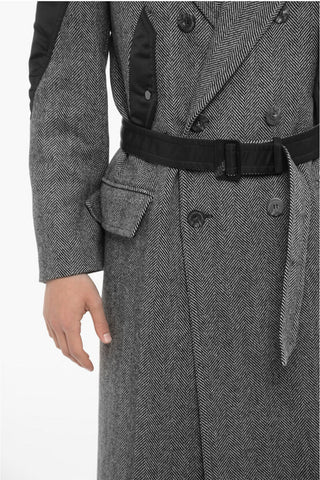 Herringbone Motif Virgin Wool Double Breast Coat With Belt