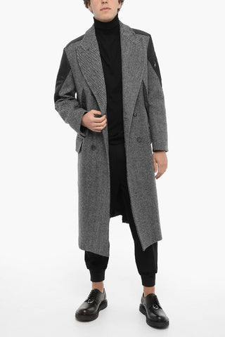 Maxi Cappotto doppiopetto a Motivo Herringbone in Lana Vergine con Cintura