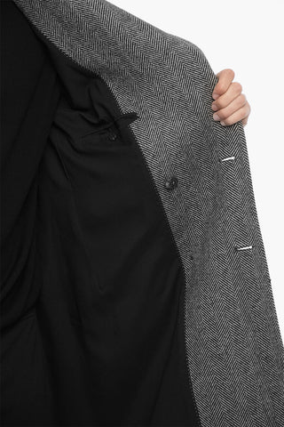 Herringbone Motif Virgin Wool Double Breast Coat With Belt